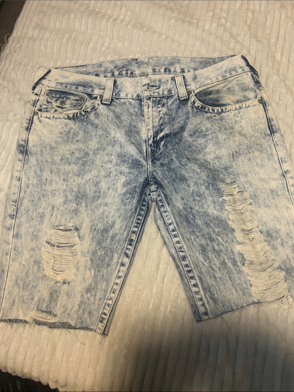 True Religion Men's Acid Wash Distressed Denim Shorts - Blue & White